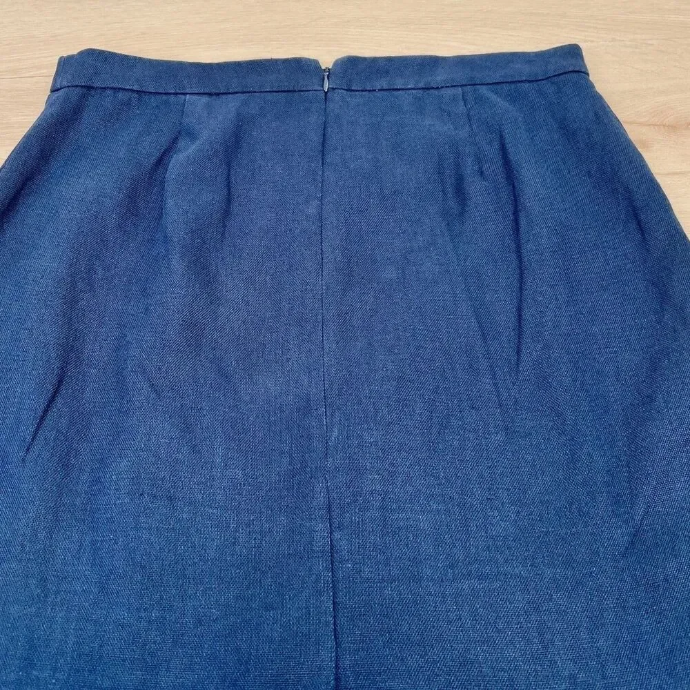 J.Crew Navy Blue Green Ric Rac Linen Retro Preppy Twee Revival Pencil Skirt Sz 6